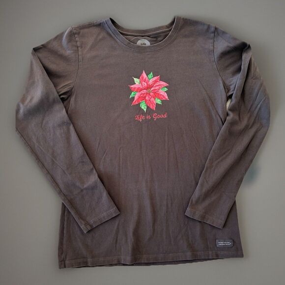 Life Is Good Poinsettia Crusher T Shirt Long Sleeve Size Medium Grey Christmas - Picture 1 of 6